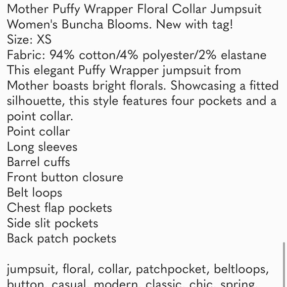 Mother Puffy Wrapper Floral Collar Jumpsuit Women's Buncha Blooms Size: XS - Picture 4 of 5
